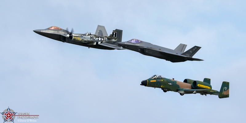 060-Heritage Fight D5-3-5544
NL74190 / P-51D 

78-0651 / A-10C	
354th FS  / Davis–Monthan AFB, AZ

01-4018 / F-22A	
1st FW / JB Langley–Eustis, VA

20-5585 / F-35A	
421st FS / Hill AFB, UT
7/23/24
Keywords: Military Aviation, KOSH, Oshkosh, Wittman Regional Airport, A-10 Demo, P-51D Mustang, F-22 Demo, F-35 Demo, USAF Heritage Flight, General Aviation, EEA Airventure