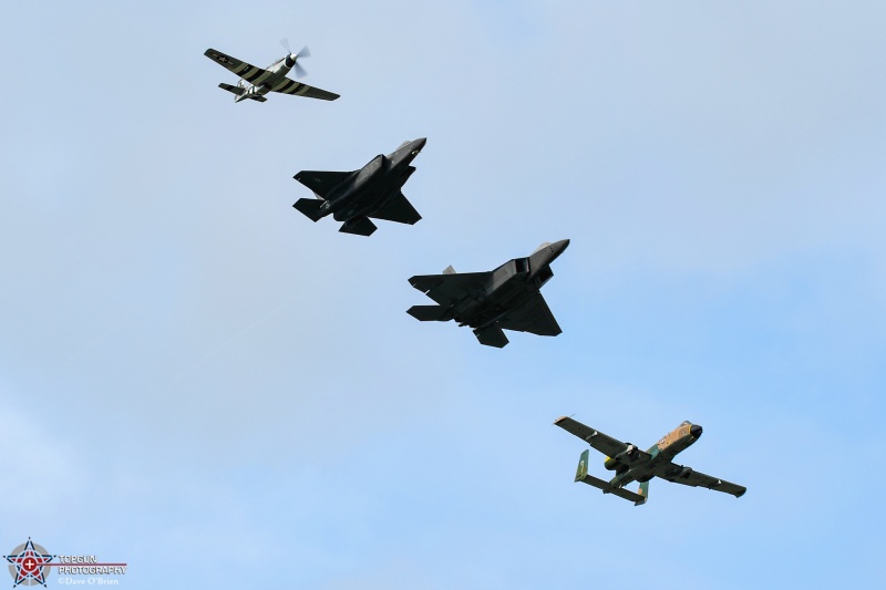 Heritage Fight 
NL74190 / P-51D 

78-0651 / A-10C	
354th FS  / Davis–Monthan AFB, AZ

01-4018 / F-22A	
1st FW / JB Langley–Eustis, VA

20-5585 / F-35A	
421st FS / Hill AFB, UT
7/23/24
Keywords: Military Aviation, KOSH, Oshkosh, Wittman Regional Airport, A-10 Demo, P-51D Mustang, F-22 Demo, F-35 Demo, USAF Heritage Flight, General Aviation, EEA Airventure