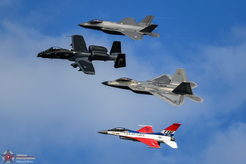 Heritage 4 Ship
80-0244 / A-10C "Black Mamba
355th WG / Davis–Monthan AFB, AZ

91-0395 / F-16C 50th Anniversary Jet
55th FS / Shaw AFB, SC

01-4018 / F-22A	
1st FW / JB Langley–Eustis, VA

20-5585 / F-35A	
421st FS / Hill AFB, UT

7/24/24
Keywords: Military Aviation, KOSH, Oshkosh, Wittman Regional Airport, A-10 Demo, F-16 Demo, F-22 Demo, F-35 Demo, USAF Heritage Flight, EEA Airventure