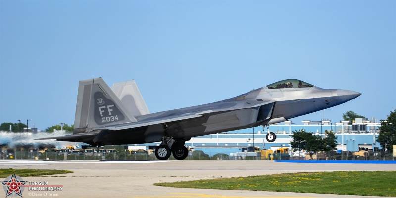 Raptor Demo 
02-4034 / F-22A 
1st FW / JB Langley–Eustis, VA
7/24/24
Keywords: Military Aviation, KOSH, Oshkosh, Wittman Regional Airport, F-22 Demo, General Aviation, EEA airventure