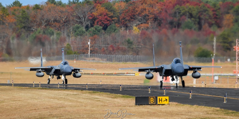 NOBLE21 Flight taxiing for their afternoon CAP Duty
NOBLE21	
F-15C / 85-0108	
104th FW / Barnes ANGB, MA

NOBLE22	
F-15C / 84-0013	
104th FW / Barnes ANGB, MA
11/2/24
Keywords: Military Aviation, KBAF, Barnes, Westfield Airport, Jets, F-15C, 104th FW