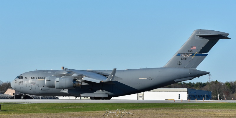 REACH45
03-3118 / C-17A	
183rd AS / Thompson Field ANGB, MS
4/28/25
Keywords: Military Aviation, KPSM, Pease, Portsmouth Airport, C-17A, 183rd AS