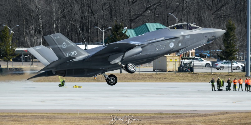 NAF327
F-013 / F-35A	
322sq / Leeuwarden AB, NLD
3/5/24
Keywords: Military Aviation, KBTV, Burlington Airport, Jets, F-35A, RNALF